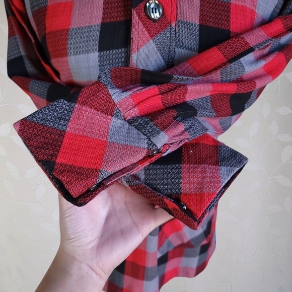 Vintage 60s 70s Buffalo Plaid Dagger Collar Handmade Popover Tunic Top Red Gray - Picture 8 of 16